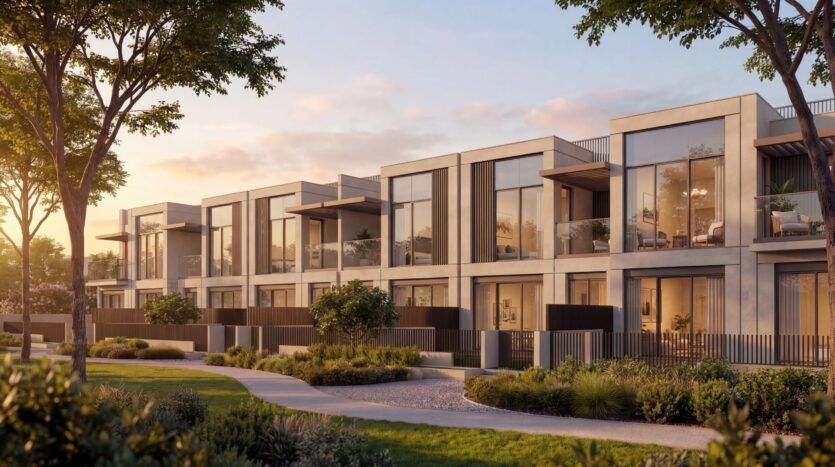 Rangée moderne de maisons de ville à The Terraces by Sobha, avec de grandes baies vitrées et des balcons, entourés de verdure et d'arbres, le tout sous un ciel chaud et doux de coucher de soleil.