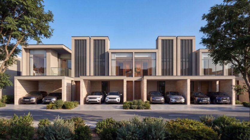 The Terraces by Sobha présente un complexe moderne de maisons de ville à deux étages avec de grandes fenêtres, des panneaux verticaux et des abris pour cinq voitures de luxe, le tout niché au milieu de la verdure et des arbres sous un ciel bleu limpide.