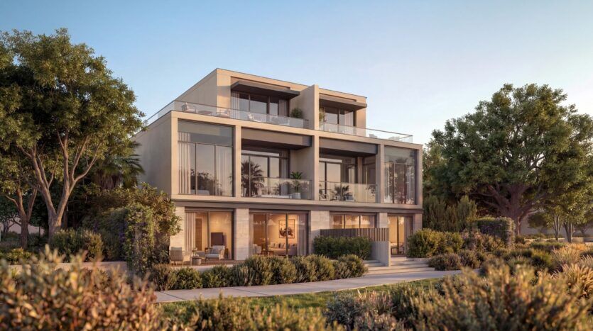 Maison moderne de trois étages, faisant partie de The Terraces by Sobha, avec de grandes baies vitrées, des balcons et des terrasses, entourée d'une végétation luxuriante et d'arbres sous un ciel bleu clair.