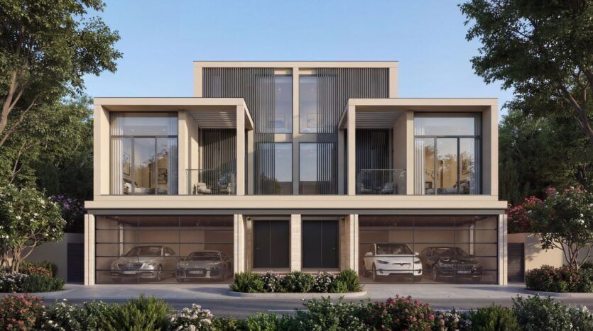 Maison moderne en duplex avec de grandes baies vitrées et des balcons, inspirée par The Terraces de Sobha, deux garages avec des voitures de luxe garées à l'intérieur, entourée de verdure et d'arbres sous un ciel bleu clair.