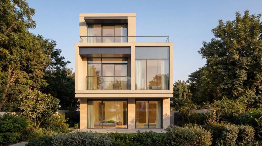 Une maison moderne de trois étages à The Terraces by Sobha, dotée de grandes baies vitrées et de balcons, est entourée d'arbres et d'arbustes verdoyants sous un ciel bleu limpide.
