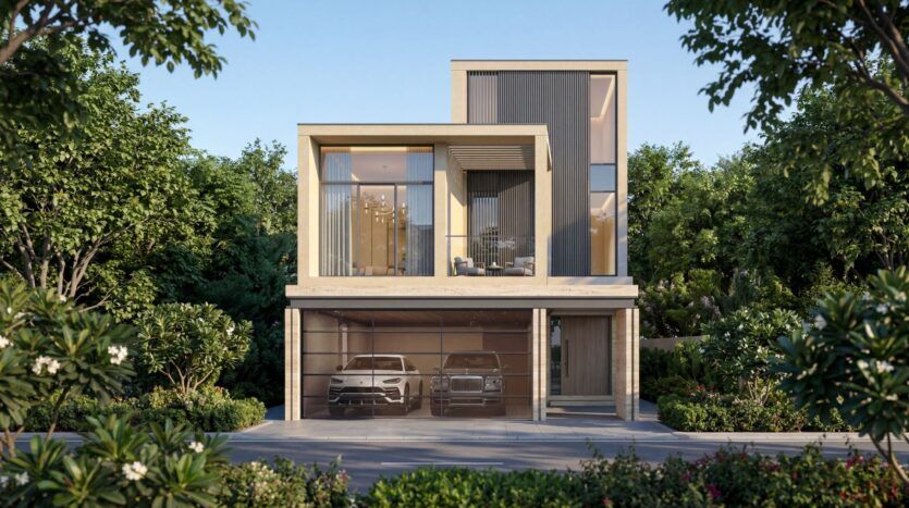 Maison moderne à deux étages avec de grandes baies vitrées, des toits plats et un garage double avec deux voitures à l'intérieur - rappelant The Terraces by Sobha - entourée d'arbres et d'arbustes verts sous un ciel bleu clair.