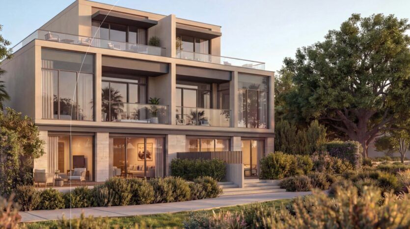 Une maison moderne de deux étages à The Terraces by Sobha est dotée de grandes baies vitrées et de balcons, entourée d'une végétation luxuriante et baignée d'une chaude lumière solaire. Des lignes épurées et des éléments de design contemporains définissent cette maison étonnante.