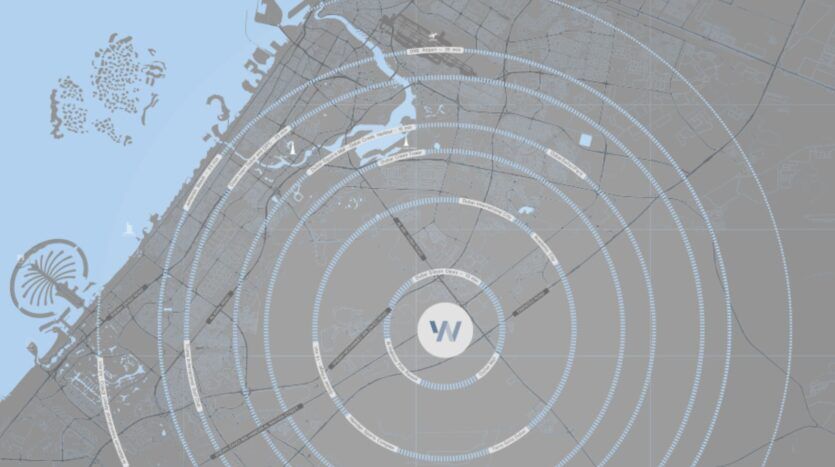 A stylized map of Dubai shows circular patterns radiating from a central point marked with a "W," representing the Wow Tower. Landmarks such as Palm Jumeirah and the Dubai coastline are visible on the left, rendered in shades of light blue and gray.