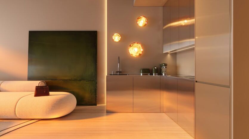 The modern, minimalist kitchen in the Wow Tower features metal cabinets, a curved beige sofa, a dark green painting resting on the floor, and three circular wall sconces that cast a warm glow. A brown handbag is resting on the sofa.