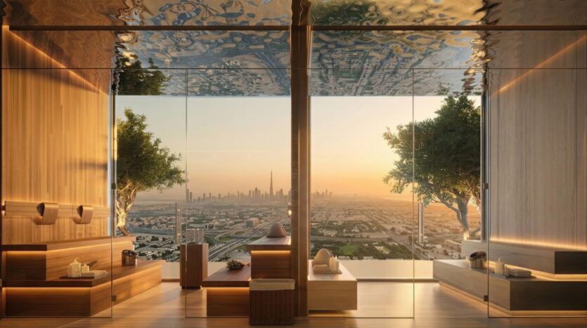 This modern and luxurious room at the Wow Tower, decorated with warm wood and featuring floor-to-ceiling glass walls, offers a breathtaking panoramic view of the city skyline at sunset, with trees flanking either side of the window.