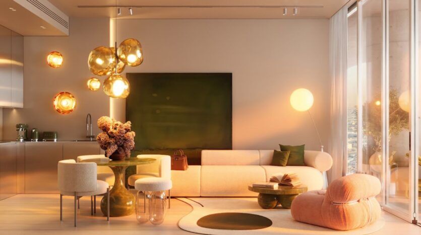 A modern living room in the Wow Tower featuring warm lighting, a beige sofa, a round pink chair, green accents, a floral centerpiece on the dining table, and large windows that let in natural light. The decor is contemporary, and the atmosphere is soft and comfortable.