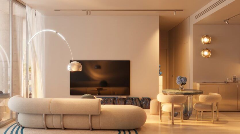The modern living room in the Wow Tower features a curved beige sofa facing a wall-mounted TV, a round glass dining table with four chairs, and soft lighting from elegant fixtures. Large windows and minimalist decor complete this elegant space.