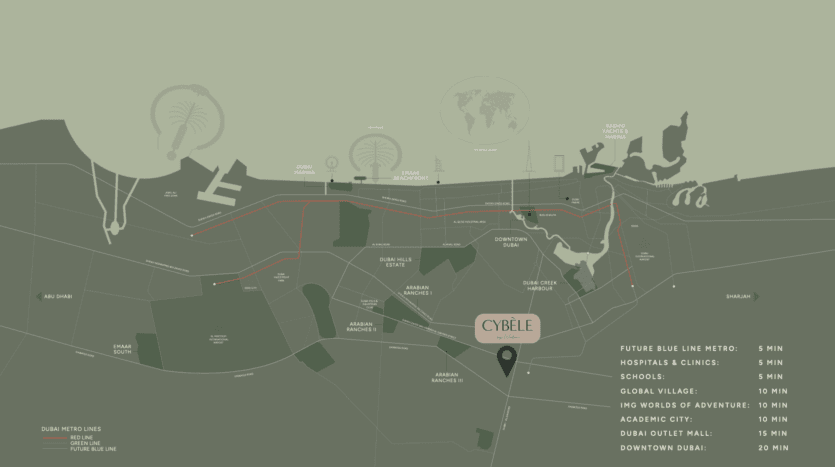 Une carte de Dubaï met en évidence les lignes de métro, les lieux clés et le site de Cybele by Wadan. Des icônes indiquent les attractions mondiales et une liste détaille les distances à parcourir pour se rendre au métro, aux hôpitaux, aux écoles et aux centres commerciaux depuis Cybele by Wadan.