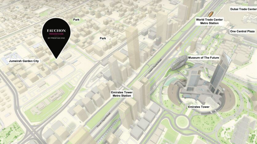 Une carte en 3D met en évidence les lieux de Dubaï, notamment l'Emirates Tower, le Museum of the Future, les stations de métro, la station de métro World Trade Center, le Dubai Trade Center, Jumeirah Garden City, les parcs et la résidence Fauchon.