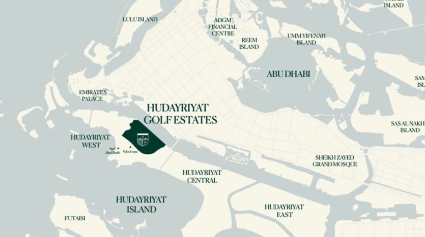Carte mettant en évidence Hudayriyat Golf Estates sur l'île de Hudayriyat près d'Abu Dhabi, avec des points de repère à proximité tels que l'île de Lulu, le palais des Émirats, le centre financier ADGM et la grande mosquée Sheikh Zayed.