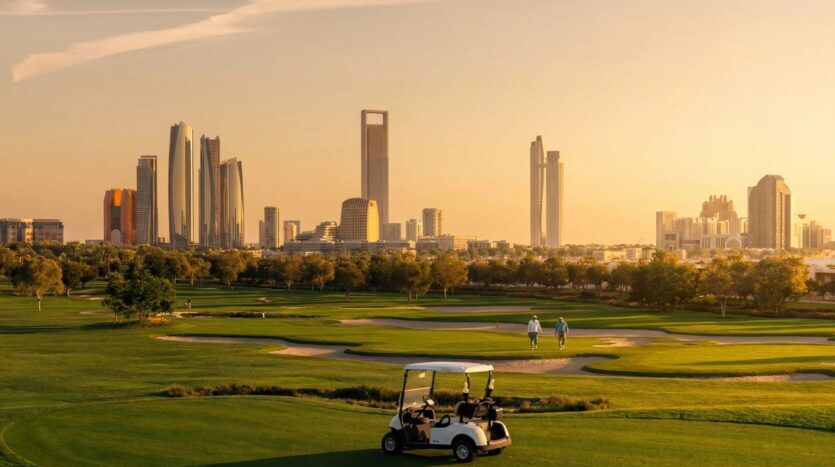 Des golfeurs marchent sur un parcours verdoyant au coucher du soleil, avec une voiturette de golf au premier plan et la ligne d'horizon moderne de Hudayriyat Golf Estates avec de grands immeubles à l'arrière-plan.