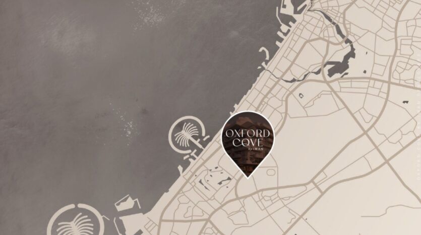 Une carte beige et grise met en évidence une zone côtière avec une épingle de localisation étiquetée "Oxford Cove by Iman". Des palmiers emblématiques bordent l'eau et des rues aux contours flous sillonnent le territoire.