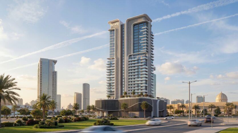 Rotana Residences est un immeuble moderne de grande hauteur avec des balcons en verre, s'élevant au-dessus d'une rue paysagée bordée de palmiers, de voitures et d'autres grands immeubles sous un ciel bleu avec des nuages épars et des traînées de condensation des avions à réaction.