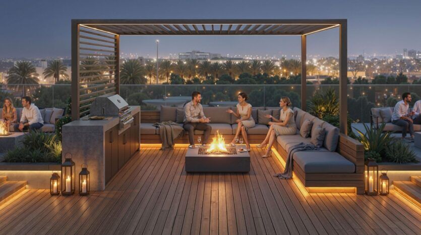 Les gens se détendent et discutent sur un toit-terrasse moderne au crépuscule dans les résidences Rotana, assis autour d'un foyer sur des bancs rembourrés. Les lumières de la ville et les palmiers plantent le décor, tandis qu'un éclairage chaleureux rehausse l'atmosphère confortable et élégante.