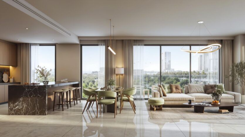 L'espace de vie moderne et ouvert des résidences Rotana comprend de grandes fenêtres, une cuisine avec un îlot en marbre et des tabourets de bar, un coin repas avec des chaises vertes, et un coin salon confortable avec un canapé et des vues sur le paysage urbain.