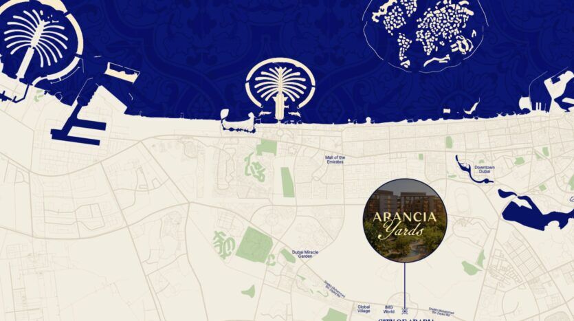 Carte stylisée de Dubaï avec Palm Jumeirah en blanc sur bleu foncé, mettant en évidence Arancia Yards by Beyond près de Dubai Miracle Garden et Global Village, avec les points de repère à proximité clairement indiqués.