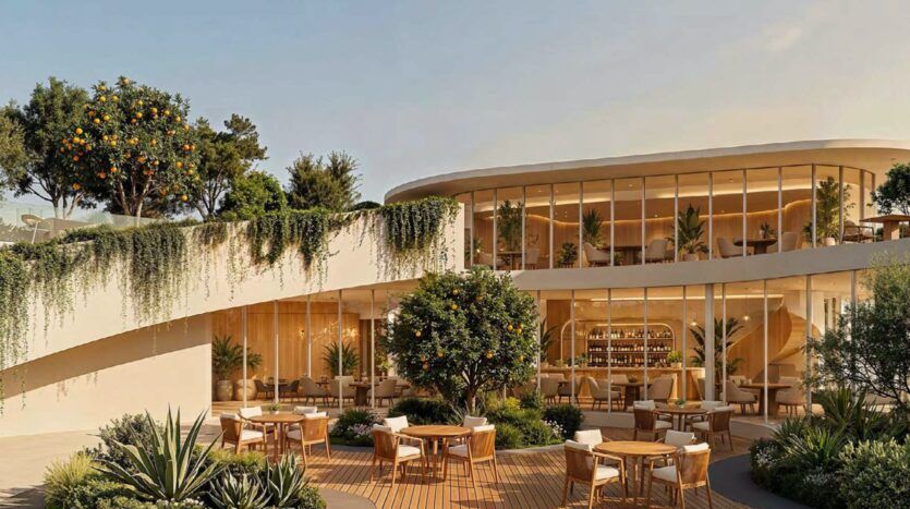 Bâtiment moderne de deux étages, tout en courbes, avec de grandes baies vitrées, entouré d'une végétation luxuriante. Des tables rondes et des chaises sont disposées à l'extérieur sur la terrasse en bois d'Arancia Yards by Beyond, tandis que des plantes grimpantes et des orangers ornent l'étage supérieur.