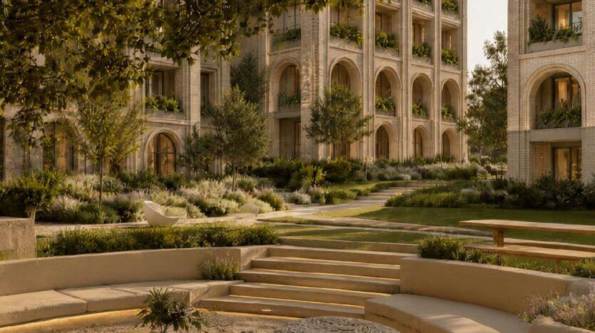 Une cour aménagée à Arancia Yards by Beyond présente des marches en pierre, des jardins en terrasses, une végétation luxuriante, des bancs incurvés et un immeuble d'appartements avec des fenêtres cintrées et des balcons ornés de plantes à l'arrière-plan.