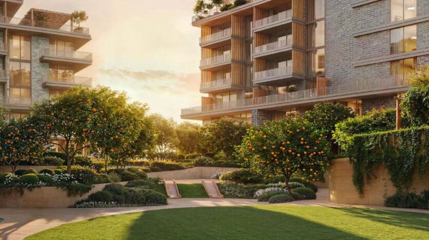 Des immeubles d'habitation modernes entourent une cour luxuriante à Arancia Yards by Beyond, avec des orangers, des buissons manucurés et une pelouse, le tout baigné par la lumière chaude du soleil.