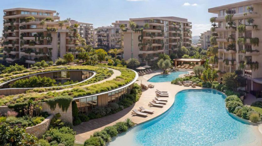 Arancia Yards by Beyond est un complexe touristique moderne avec une végétation luxuriante, des bâtiments incurvés avec des jardins sur les toits, et une grande piscine extérieure entourée de chaises longues et d'un aménagement paysager tropical sous un ciel ensoleillé.