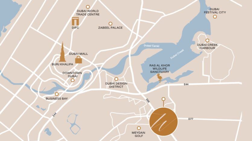 Carte stylisée de Dubaï réalisée par Winslow, mettant en évidence des points d'intérêt tels que Burj Khalifa, Dubai Mall, Meydan Golf, Dubai Design District et Ras Al Khor Wildlife Sanctuary, avec des routes, des voies navigables et des zones importantes indiquées par des étiquettes.