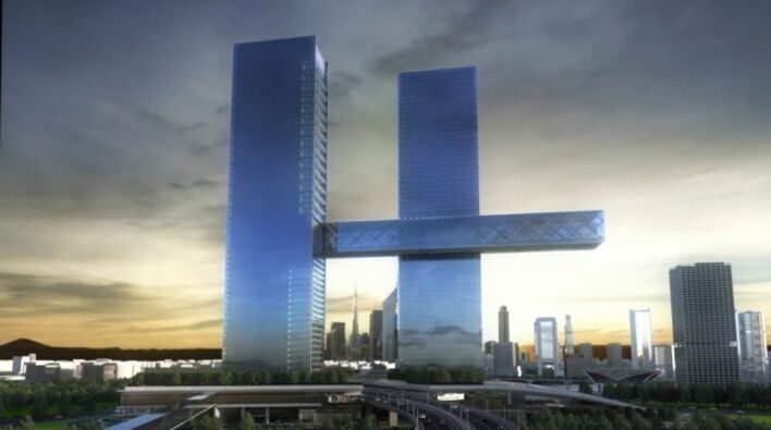 Un rendu d'un paysage urbain moderne à Dubaï avec un point fort architectural : deux grands gratte-ciel reliés par une structure horizontale, ressemblant à un "h" géant sur un ciel crépusculaire.