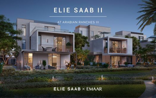 Representación arquitectónica de las modernas villas de lujo de Elie Saab en Arabian Ranches III al atardecer, con elegantes jardines e interiores llenos de luz.