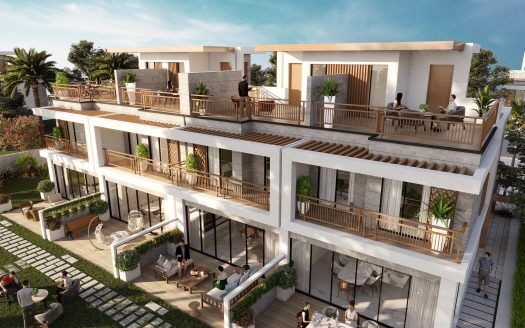 Moderno edificio de apartamentos de lujo de varias plantas en Dubai con amplios balcones, muebles de exterior y exuberante vegetación. La gente socializa y disfruta del tiempo soleado.
