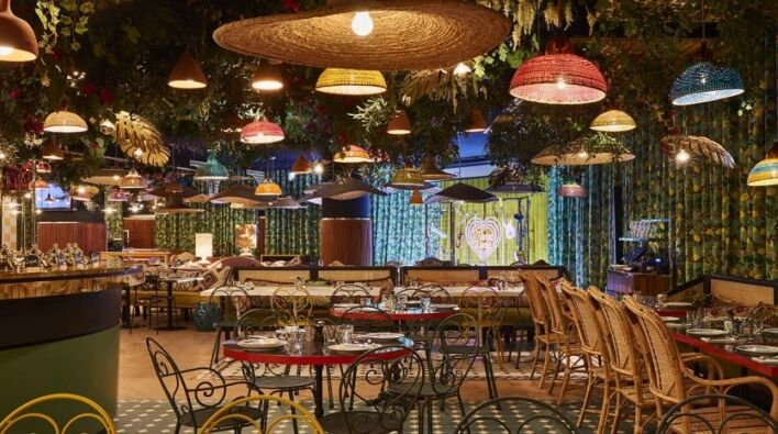 Un intérieur de restaurant vibrant et éclectique comprenant une gamme de lampes suspendues colorées, des chaises en osier et des tables dressées pour les repas, avec une verdure luxuriante et des motifs floraux sur les murs. Parfait pour les discussions sur l'investissement