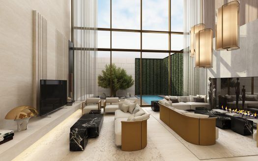 Lujosa villa en Dubai con grandes ventanales con vistas a un jardín, que cuenta con modernos sofás, una elegante chimenea y elegantes lámparas colgantes. Un interior sereno y espacioso con cálidos tonos tierra.