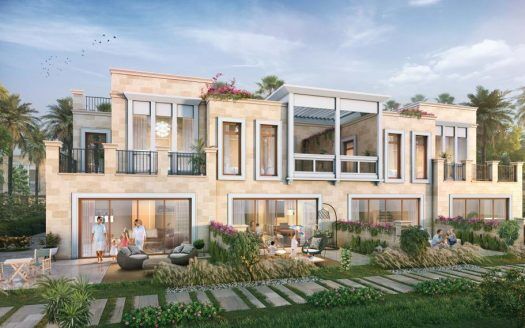 Ilustración de una lujosa villa de dos plantas en Dubai rodeada de exuberantes jardines, con grandes ventanales, balcones donde relajarse y elegantes muebles de exterior.
