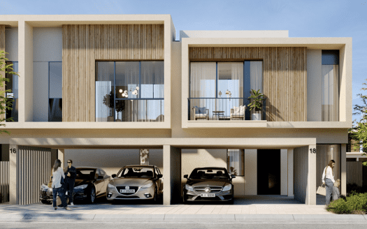Moderno dúplex de dos plantas en Dubai con detalles de paneles de madera, con aparcamiento cubierto, balcones y peatones paseando por delante.