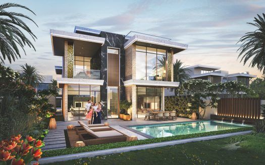 Una moderna y lujosa villa en Dubai con grandes ventanales de cristal y una elegante arquitectura, con piscina, asientos al aire libre y una familia de cuatro miembros disfrutando de la diversión junto a la piscina al atardecer.