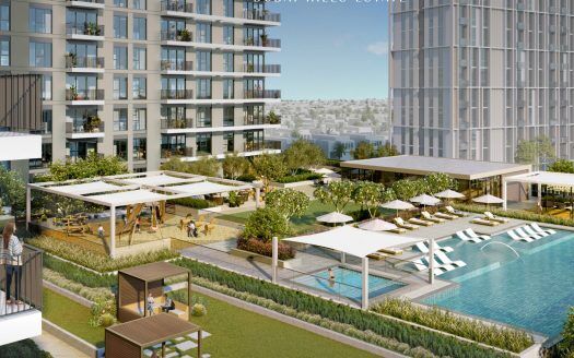 Un moderno giardino pensile e una piscina su grattacieli a Dubai con persone che si rilassano, circondate da un paesaggio lussureggiante e un paesaggio urbano sullo sfondo.