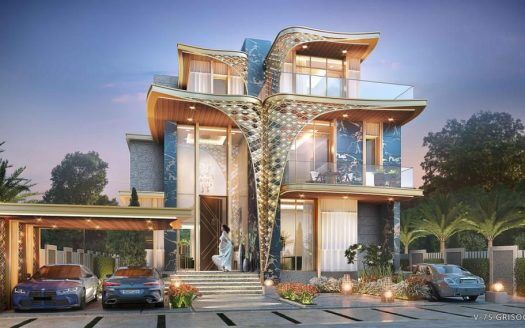 Moderna villa de lujo en Dubai con un diseño curvo único, que cuenta con grandes ventanales de cristal, dos balcones y una fachada ornamentada. Hay dos coches aparcados delante, lo que contribuye a crear un ambiente de lujo al anochecer.