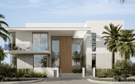 Moderna villa de dos plantas en Dubai con tejado plano, grandes ventanales y prominente puerta de madera, rodeada de altas palmeras y jardines paisajísticos bajo cielos despejados.