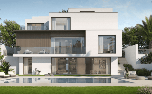 Una moderna casa blanca de dos plantas con grandes ventanales, balcón y azotea, rodeada de palmeras junto a una piscina azul claro, cotizada por una agencia inmobiliaria de Dubai.