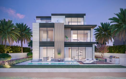 Moderna casa de dos plantas en Dubai con grandes ventanales, rodeada de palmeras y jardines paisajísticos, con una piscina en primer plano al atardecer.