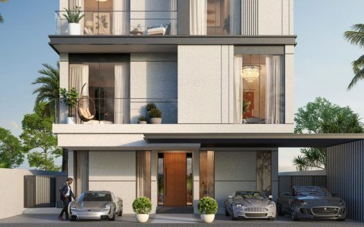 Una moderna villa de dos plantas en Dubai con tejado plano, grandes ventanales, balcón y una elegante entrada. Hay dos coches de lujo aparcados delante y un hombre trajeado junto a uno de ellos.