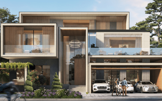 Moderna villa de Dubai con grandes ventanales, balcón y patio delantero ajardinado. Una familia junto a dos coches aparcados en la entrada y un ciclista pasa por la calle.