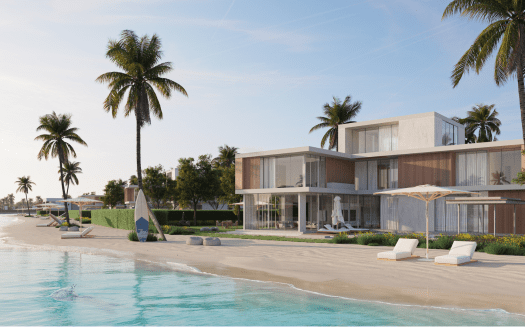 Modernas villas frente al mar en Dubai con grandes ventanales de cristal que dan a una playa tropical con palmeras, tumbonas y tranquilas aguas azules bajo un cielo despejado.