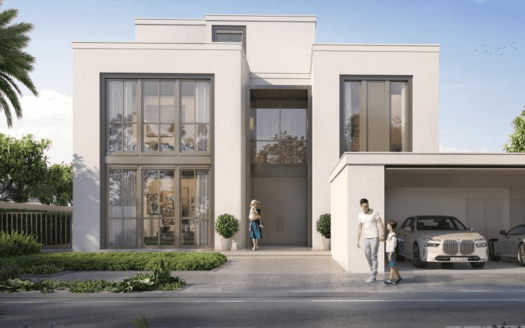 Una moderna villa de dos plantas en Dubai con grandes ventanales, con una familia de tres miembros y dos coches aparcados en la entrada. La casa está rodeada de vegetación bien cuidada bajo un cielo despejado.