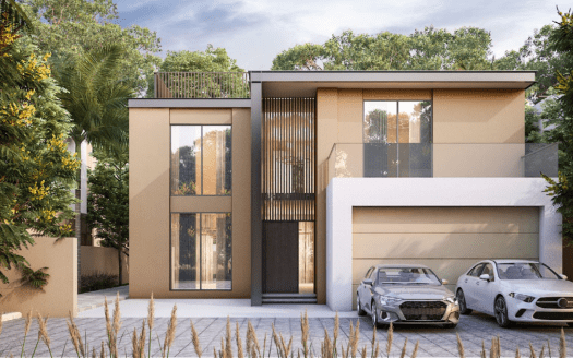 Moderna casa Sobha Elwood de dos plantas con tejado plano, grandes ventanales y fachada beige y blanca. Se adjunta un garaje para dos coches y dos coches están estacionados en el camino de entrada. Alrededor de la casa hay árboles y plantas de un verde exuberante. El cielo está parcialmente nublado.