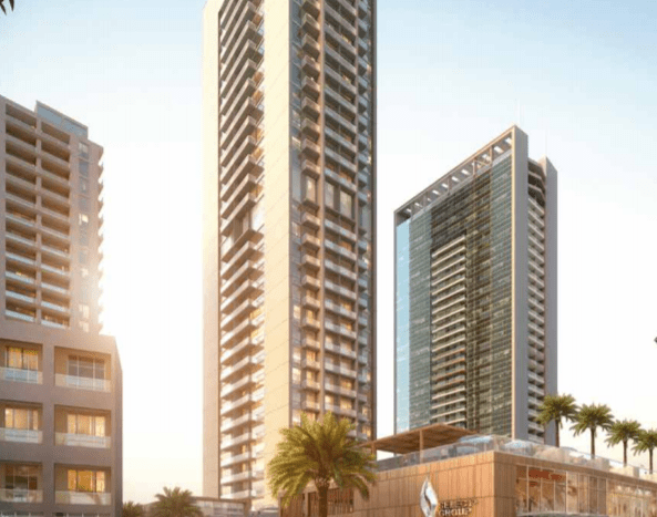 Rendu architectural d'un développement urbain moderne comprenant deux grands gratte-ciel, un bâtiment de taille moyenne, des palmiers et des piétons et cyclistes par une journée ensoleillée près du Studio One dans la marina de Dubaï.