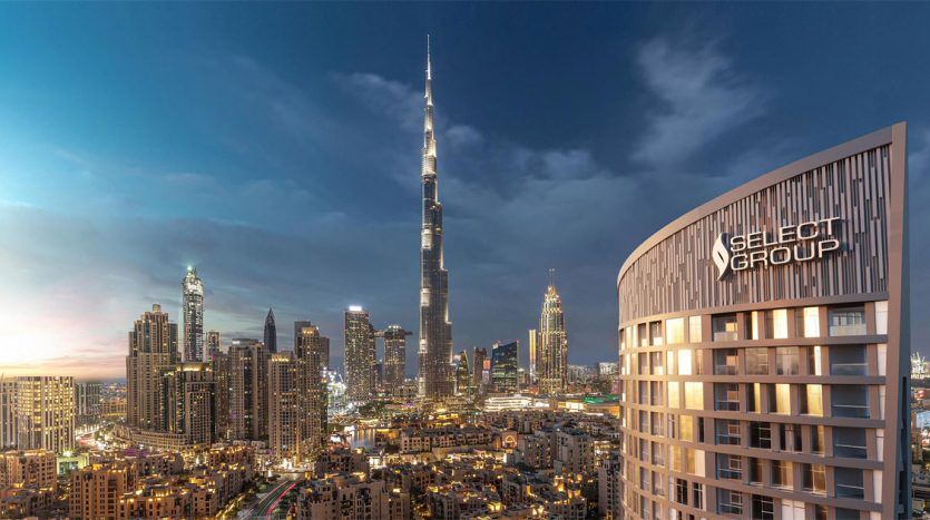 Vue panoramique sur les toits de la ville au crépuscule, avec le Burj Khalifa illuminé et les gratte-ciel environnants, avec un bâtiment au premier plan affichant « 15th Northside ».