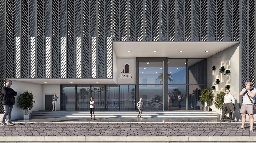 Façade de bâtiment moderne avec un motif géométrique, mettant en vedette des personnes participant à diverses activités comme marcher et prendre des photos à l'extérieur de l'entrée étiquetée « résidence principale 3 ».