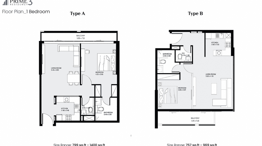 Plans d'étage architecturaux pour deux appartements 1 chambre différents (type a et type b) par Prime Residency 3, affichant la disposition des pièces, les dimensions et la disposition des meubles.