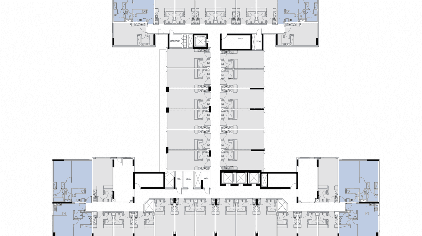 Plan d'un bâtiment de résidence de premier ordre de 3 étages montrant diverses pièces et espaces de bureaux, chacun méticuleusement détaillé avec du mobilier et des éléments de design.
