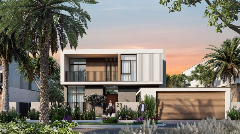 Maison moderne de deux étages à Al Furjan avec un toit plat, dotée de grandes fenêtres, d'un balcon et d'une façade en bois. Un jardin paysagé et planté de palmiers entoure la propriété au coucher du soleil.